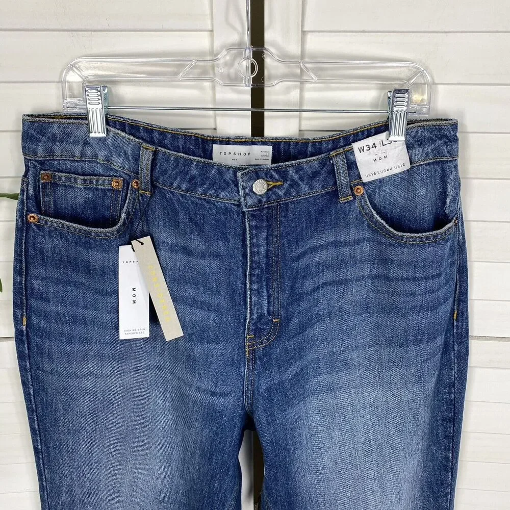 New Topshop Mom Jeans High Waisted Tapered Leg‎ Medium Wash Blue Size 34 US 12